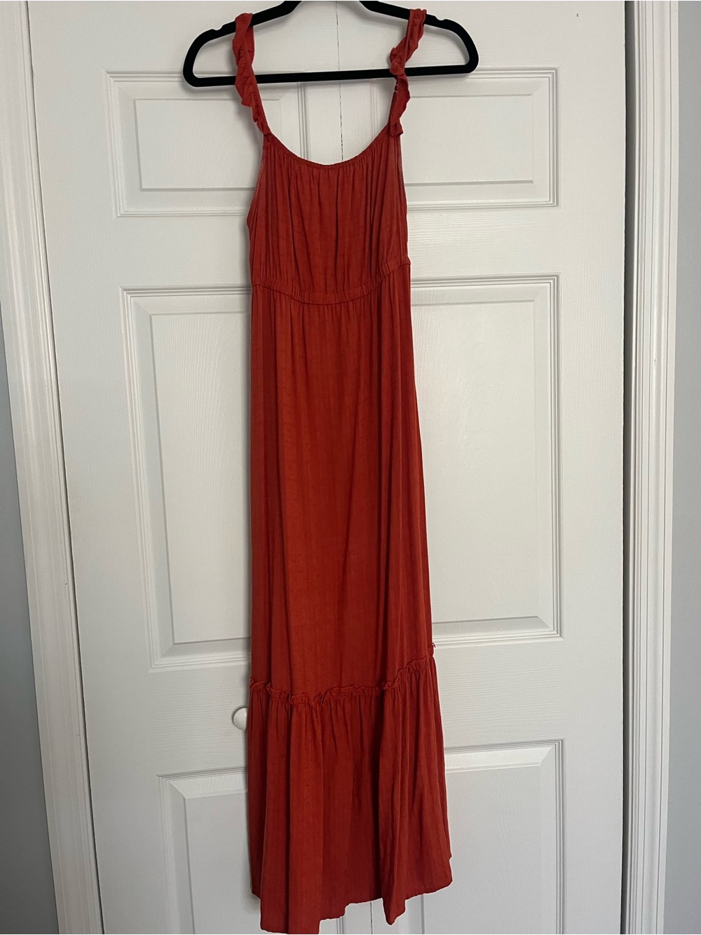 Cozy Casual Rust Red Ruffle Strap Maxi Dress
